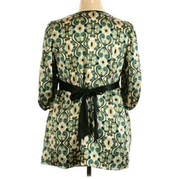 Studio M Silk Blouse Scoop Neck Puff Sleeve Tie Waist Regal Scroll Ikat Green - Picture 2 of 10